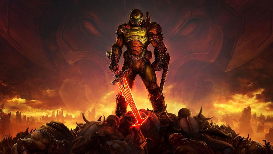 Doom Slayer armed and ready, standing amid a fiery hellscape in Doom Eternal