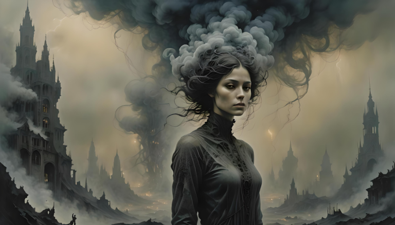 Female warrior standing in a surreal fantasy landscape, symbolizing strength, adventure, and action.