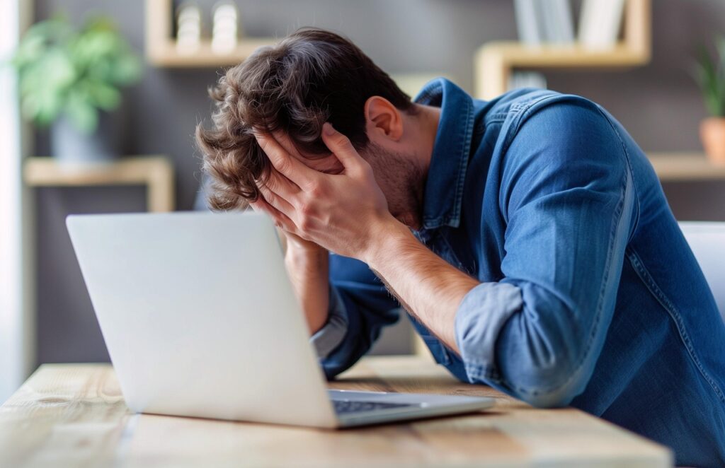 Picture of a frustrated PC user with head in hands