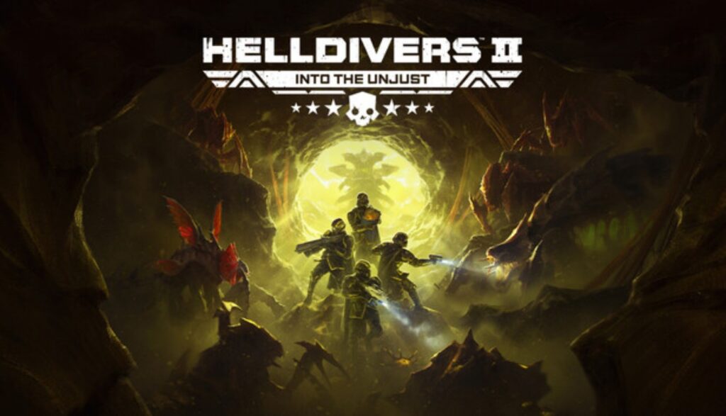 Helldivers squad fighting alien creatures on a hostile planet