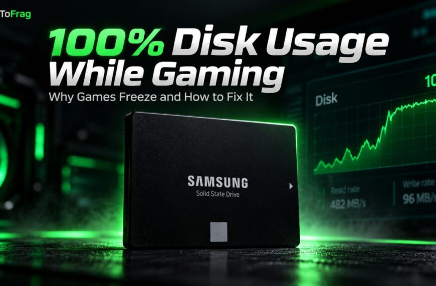 Hero image showing an SSD with a disk activity graph at 100% and the title 100% Disk Usage While Gaming