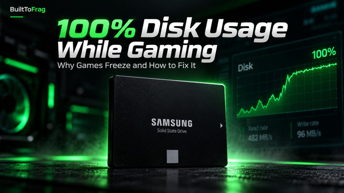 Hero image showing an SSD with a disk activity graph at 100% and the title 100% Disk Usage While Gaming
