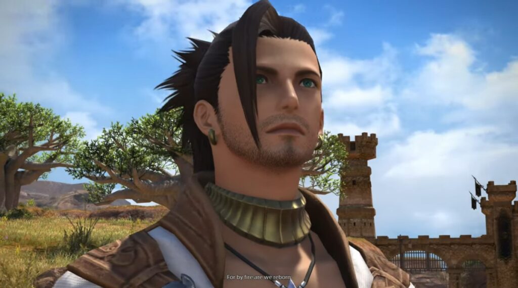 Final Fantasy XIV player character standing outdoors beneath a blue sky
