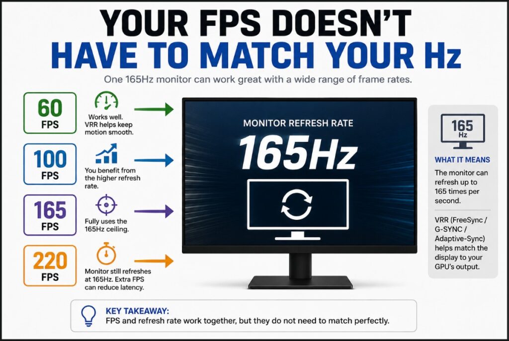 Infographic showing how 60, 100, 165 and 220 FPS work with a 165Hz gaming monitor