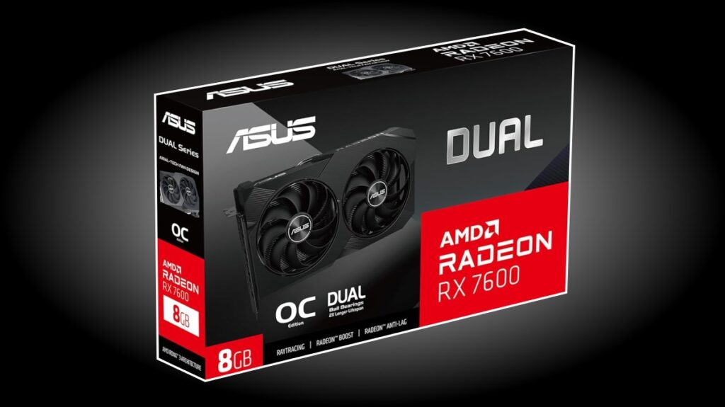 A clear product photo of an AMD RX 7600 GPU (preferably dual-fan model)