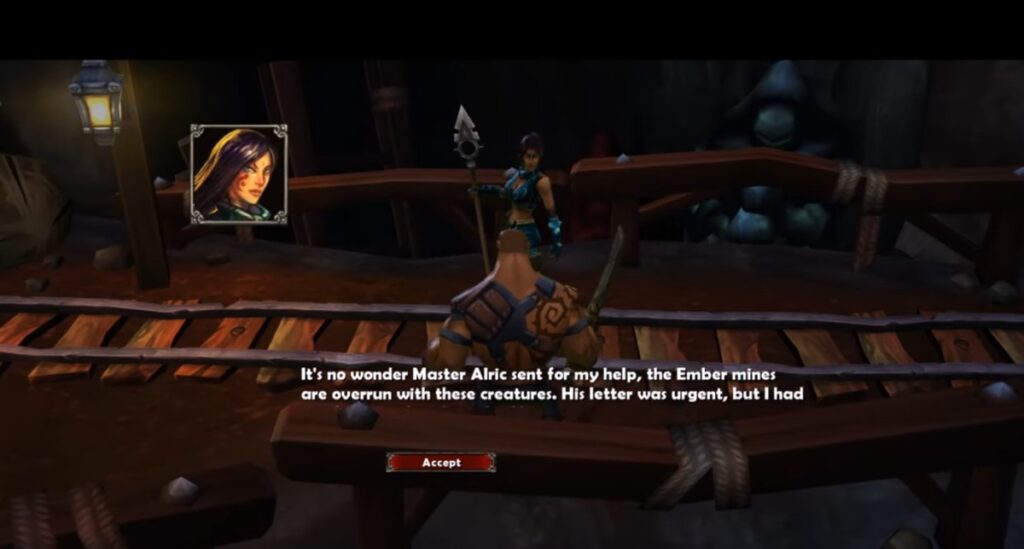 Torchlight Infinite dialogue scene inside the Ember Mines