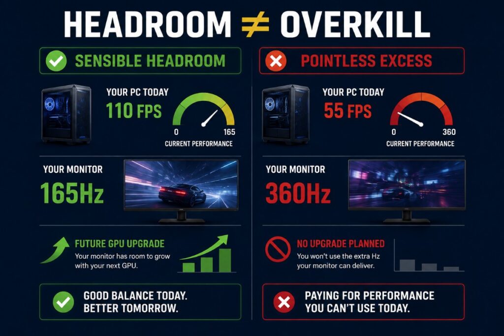 Sensible monitor headroom compared with pointless excess using 110 FPS with 165Hz and 55 FPS with 360Hz
