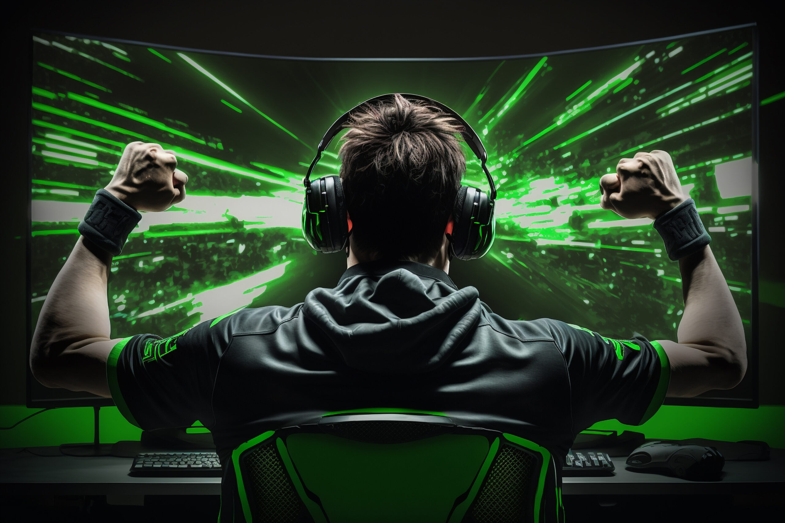 Frustrated PC gamer yelling at monitor with RGB-lit gaming setup