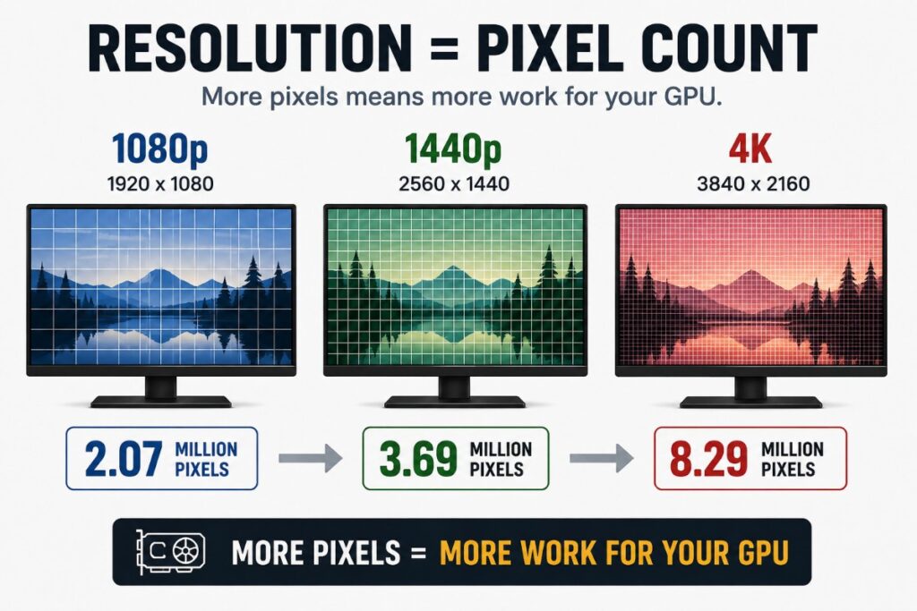 1080p, 1440p and 4K gaming monitor resolutions compared by pixel count and GPU workload