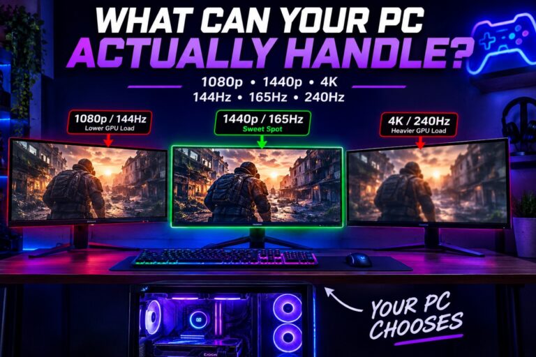 Gaming PC comparing 1080p 144Hz, 1440p 165Hz and 4K 240Hz gaming monitors