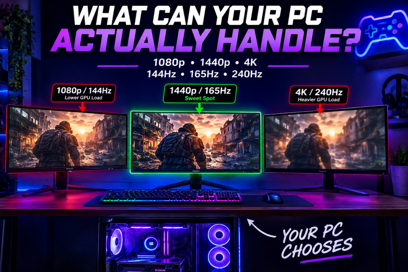 Gaming PC comparing 1080p 144Hz, 1440p 165Hz and 4K 240Hz gaming monitors