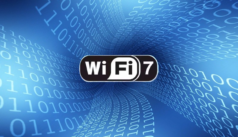 Illustration of Wi-Fi 7 signal coverage and bandwidth allocation across multiple devices including gaming PCs, smart TVs, and VR headsets