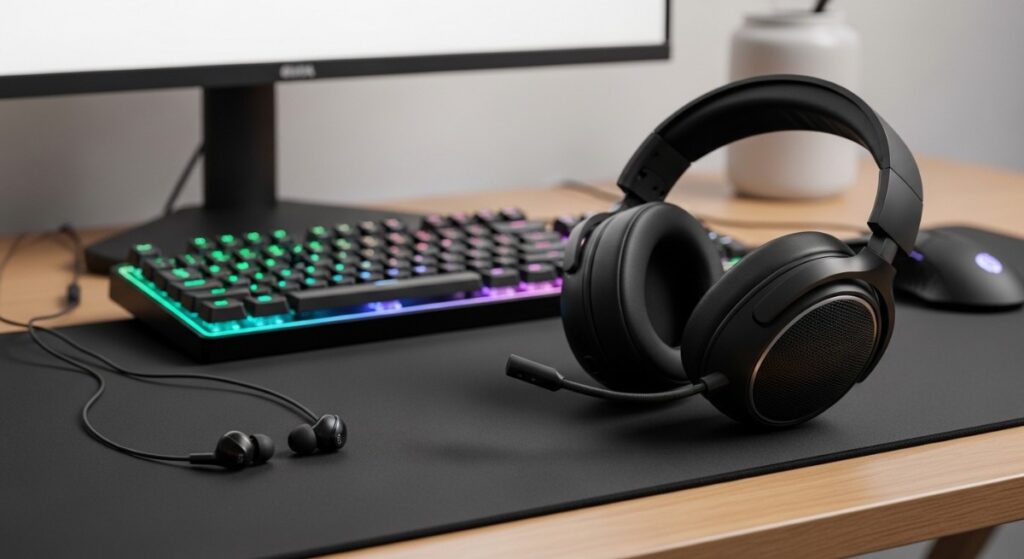 wireless gaming earbuds with charging case next to laptop