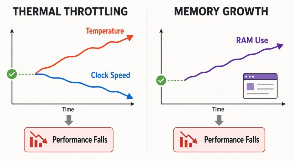 Thermal throttling compared with increasing memory use over time