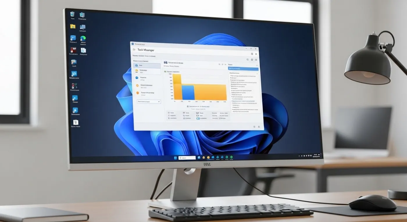 Office desktop computer showing Windows 11 Task Manager with high CPU usage causing slow PC performance