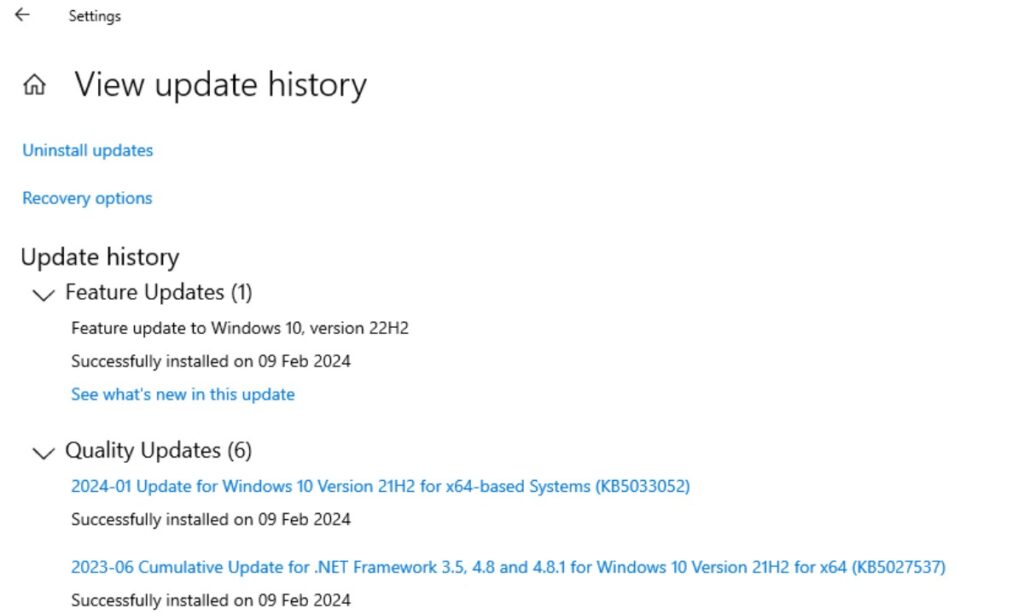 Windows 11 Update history showing recently installed system updates