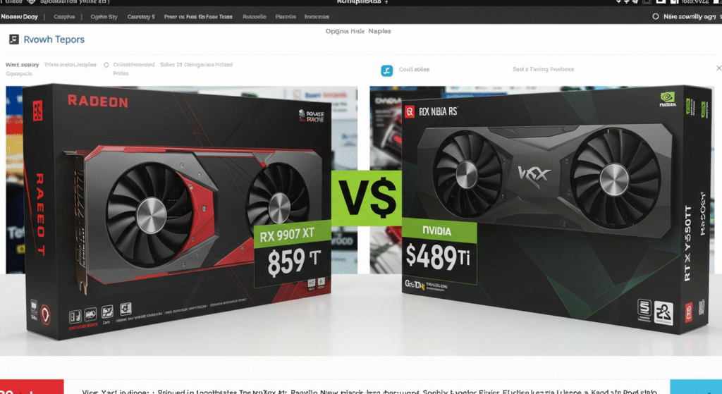 Comparison of Radeon RX 9070 XT vs RTX 5060 Ti GPU prices in 2025.
