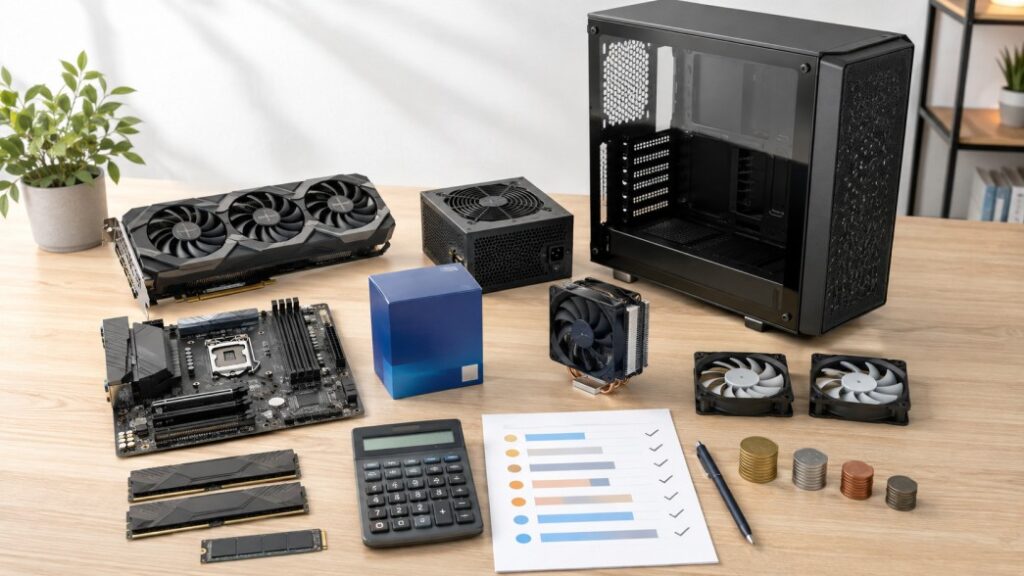 Gaming PC components arranged with a calculator and budget plan before buying