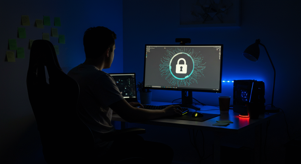 Solo gamer at RGB-lit desk with a privacy icon on screen – BuiltToFrag privacy policy