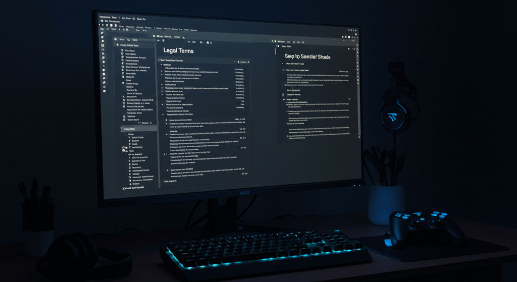 BuiltToFrag terms of use - Gaming setup with legal terms on screen