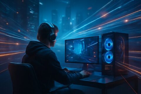 10G Internet Gaming Benefits - A gamer using a high-end PC with glowing RGB fans and fast data lines representing 10G internet speed