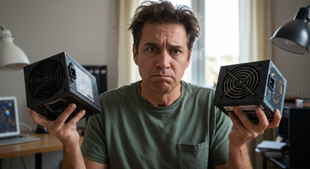 Person comparing Power Supplies for work and gaming