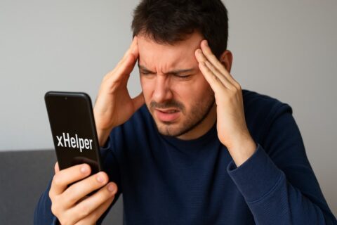 Frustrated man holding a smartphone showing xHelper malware on screen, pressing his temples in stress