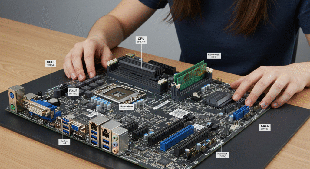 Inspecting motherboard layout and ports before installation
