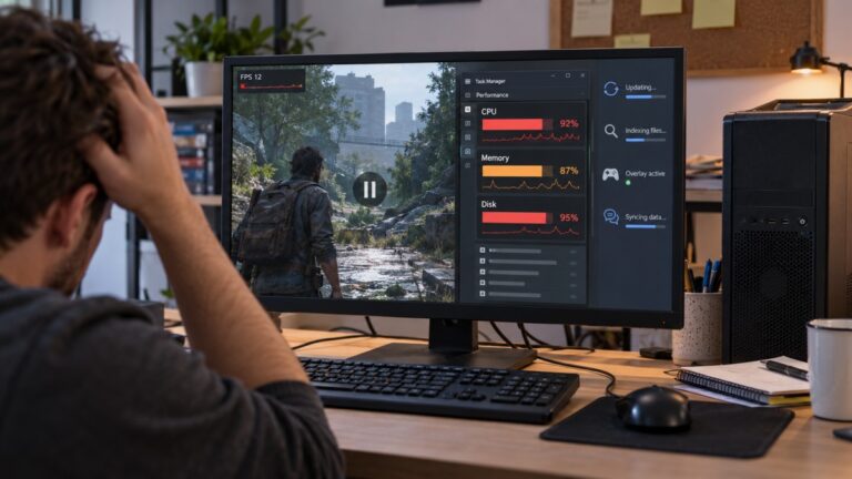 Fix and optimize Windows for low-end gaming with Task Manager showing high CPU, memory and disk usage