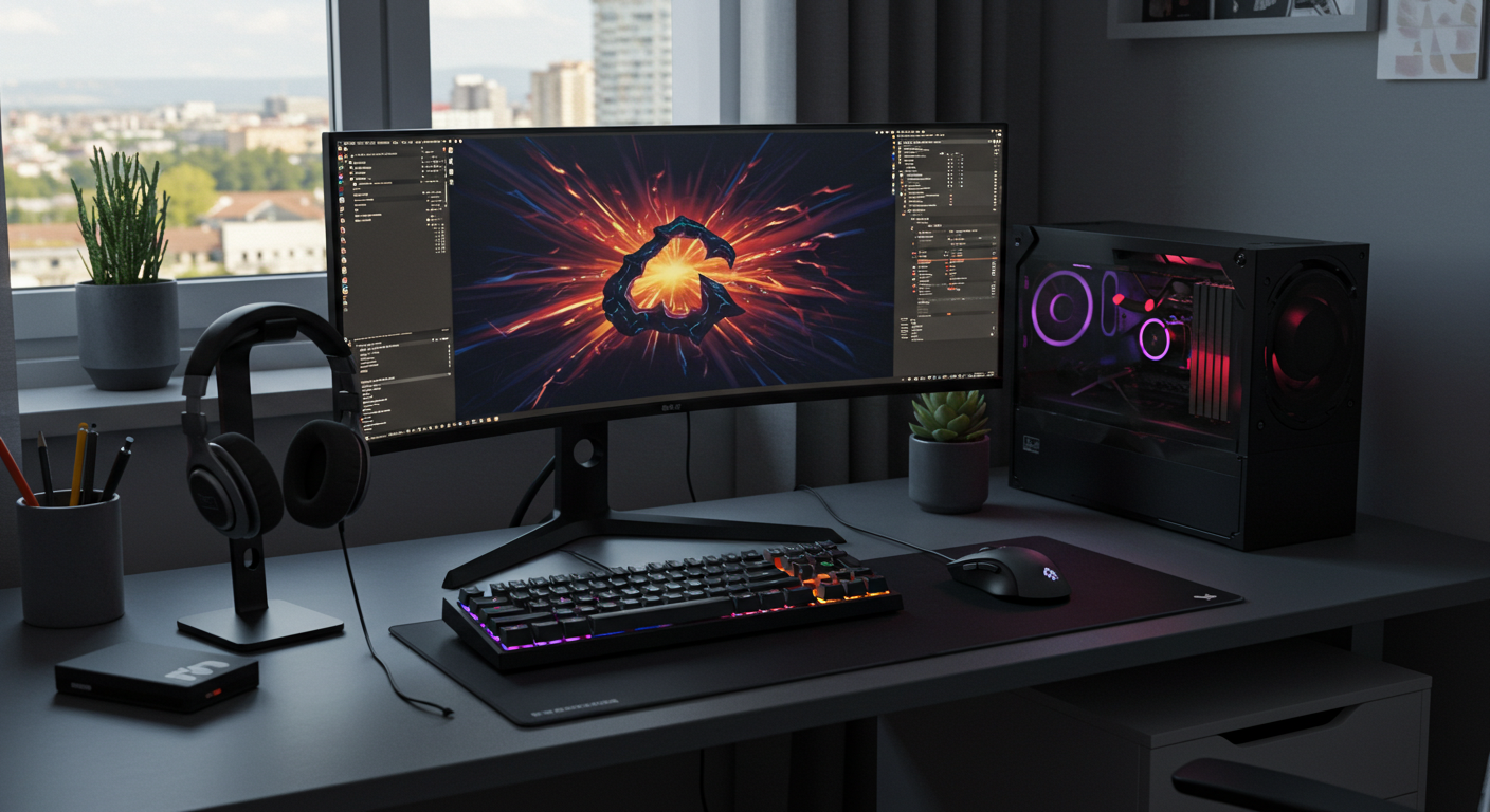 Full PC desk setup with peripherals and dual monitors