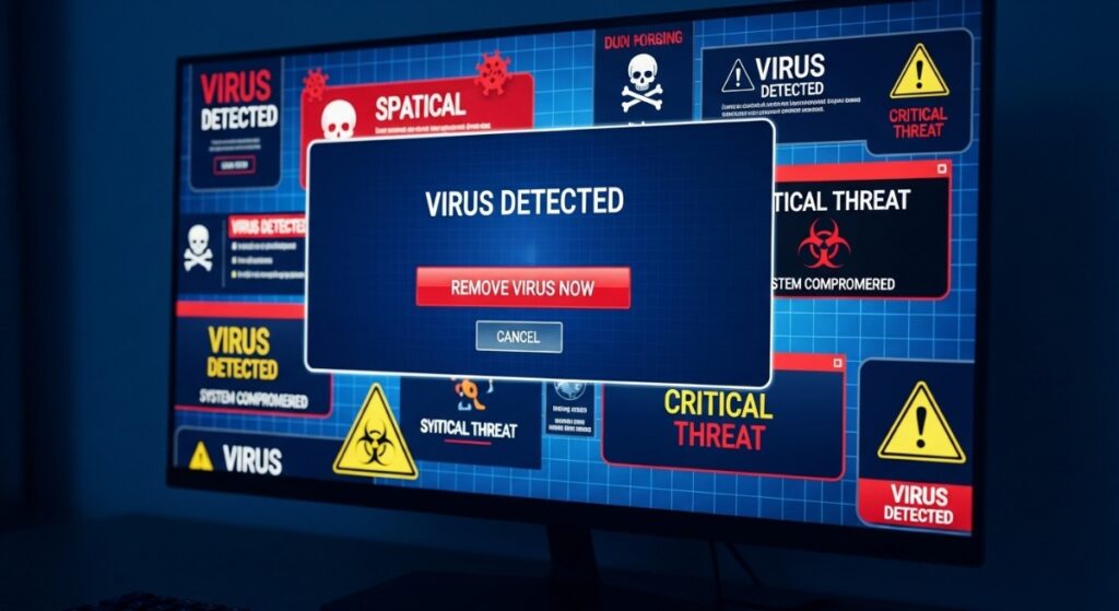 pc screen showing virus infections