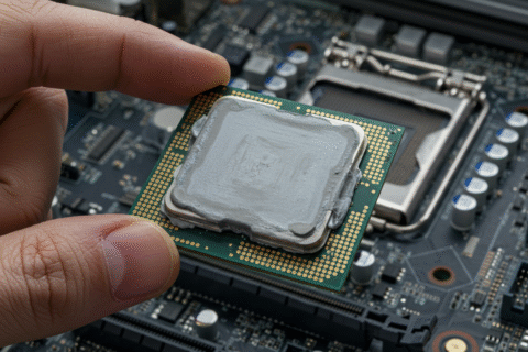 How to test a used cpu- Used CPU held above a motherboard showing thermal paste residue
