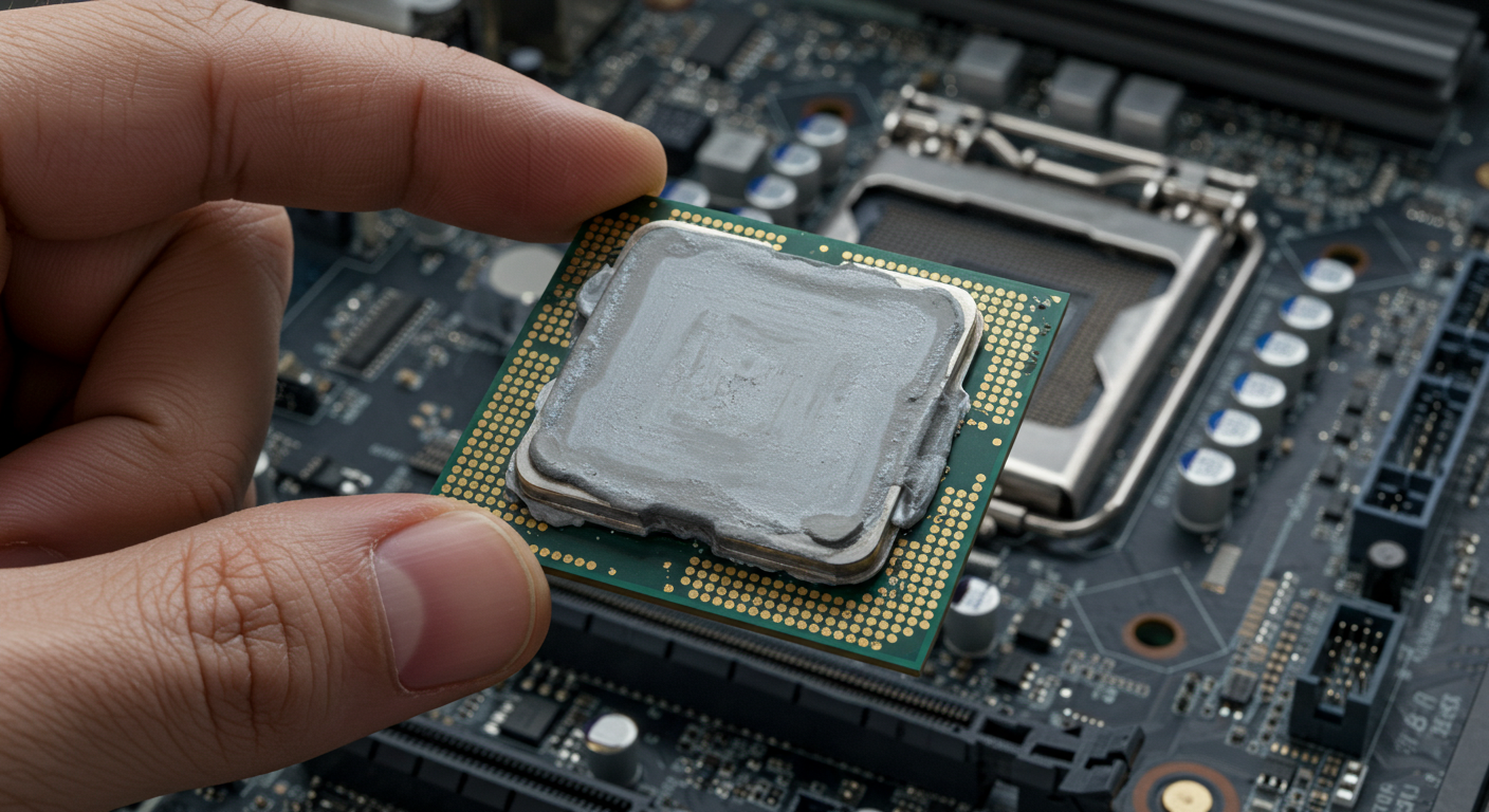 How to test a used cpu- Used CPU held above a motherboard showing thermal paste residue