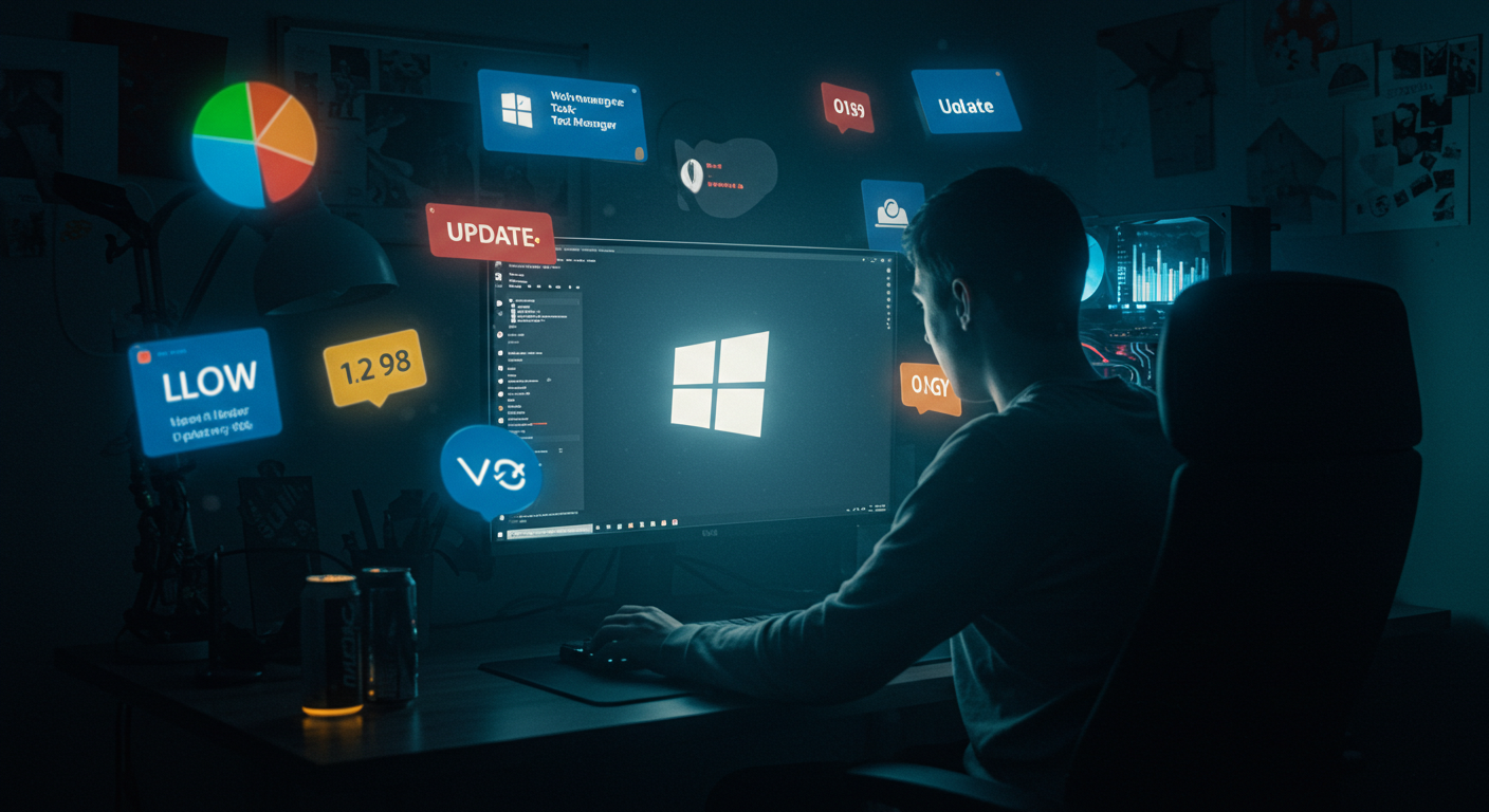 User frustrated with a Windows 11 running slow fix process at cluttered desk