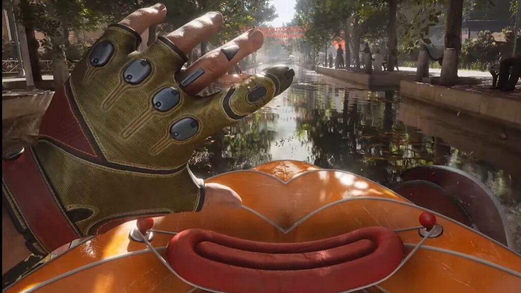 P-3 examining his experimental polymer glove during Atomic Heart’s opening scene