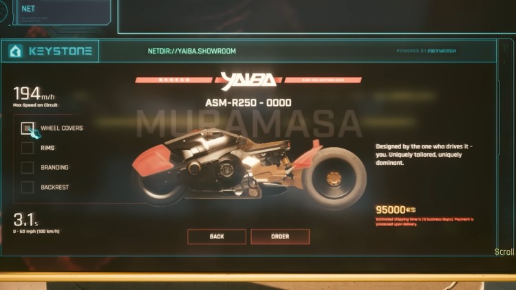 Cyberpunk 2077 Patch 2.3 motorcycle customization in Night City