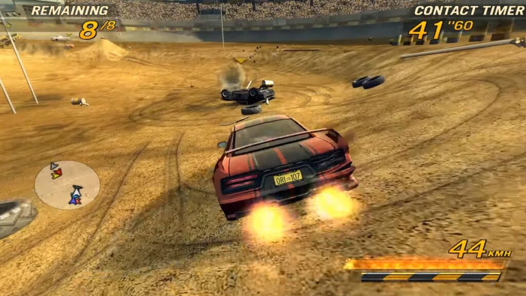 FlatOut 2 arcade race with cars competing on a destructible track