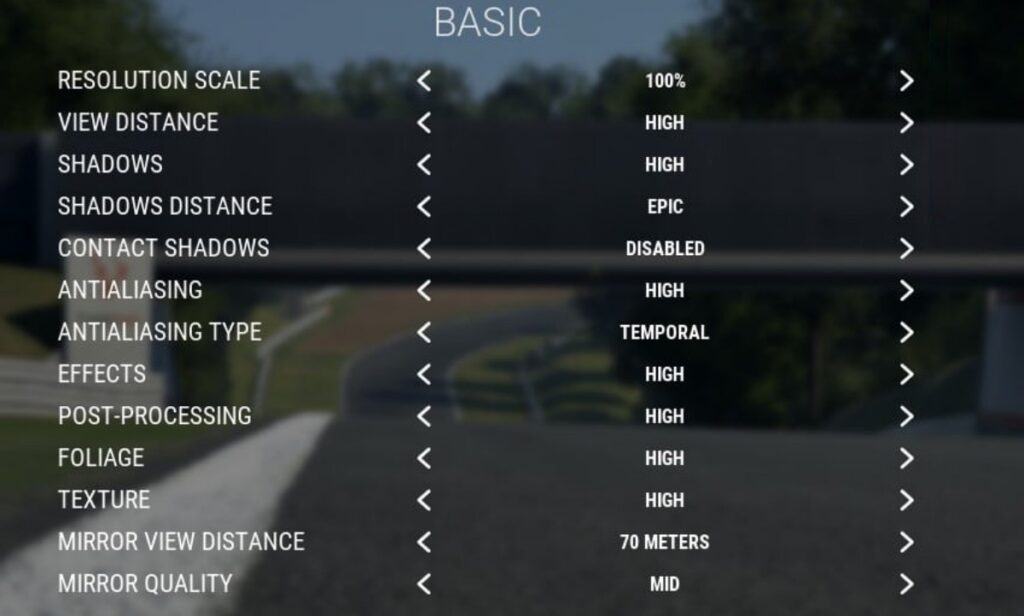 Assetto Corsa video settings menu with resolution and graphics options