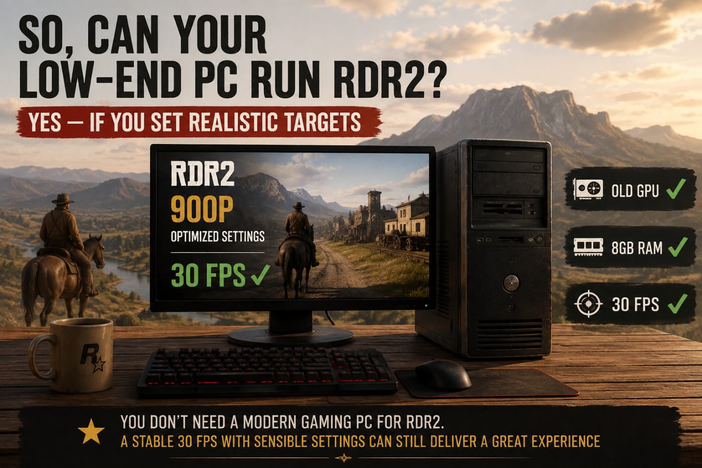 Older low-end gaming PC running Red Dead Redemption 2 at 900p and 30 FPS