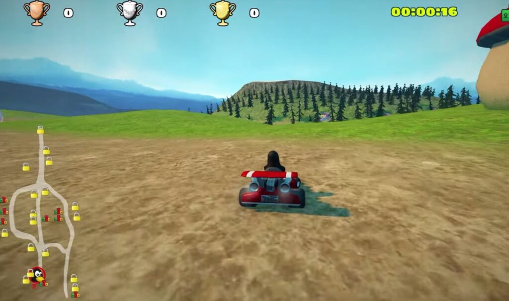 SuperTuxKart characters competing in a colourful kart race