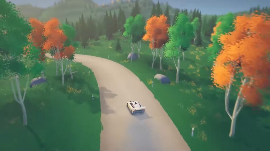 art of rally car driving through a stylised rally stage