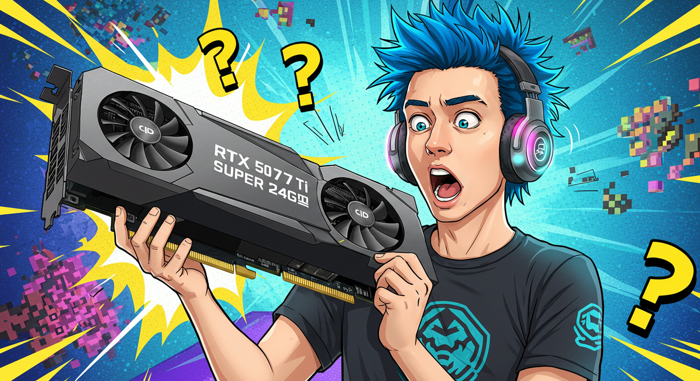 Gamer holding oversized RTX 5070 Ti Super GPU in comic style