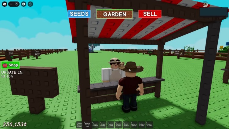 Grow A Garden Roblox Review character at the shop