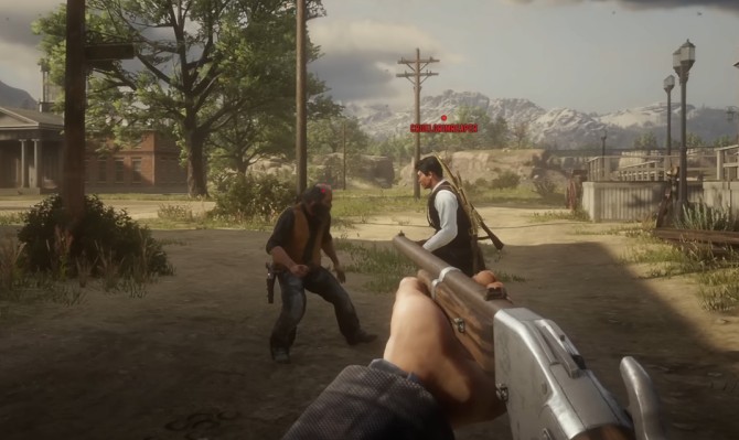 Red Dead character ready to fight outside the pub