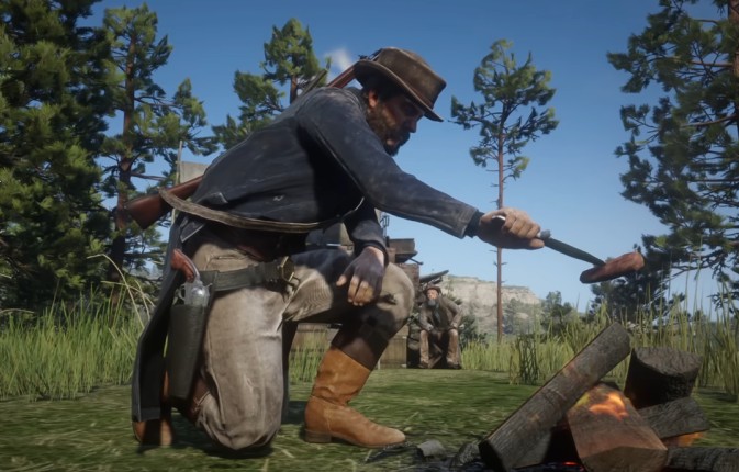 Red Dead Online Undead Missions character cooking meat over a wood fire