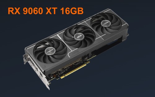 RX 9060 XT 16GB graphics card with dual-fan cooling design, angled front to back