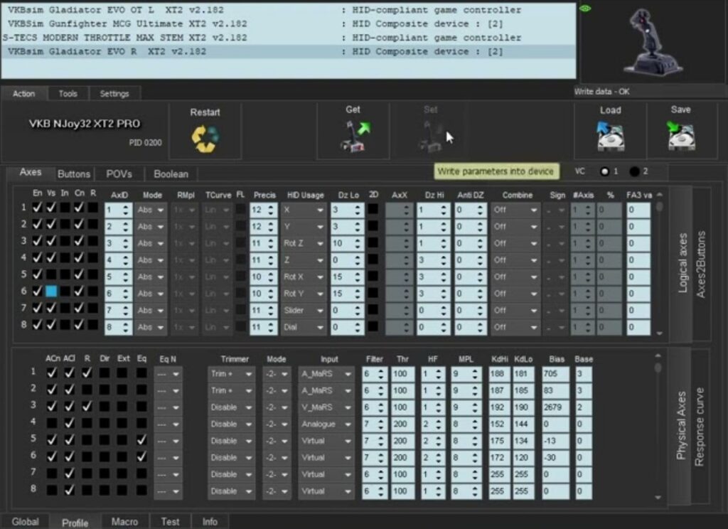 VKB configuration software showing joystick setup and calibration controls for the Gladiator NXT EVO