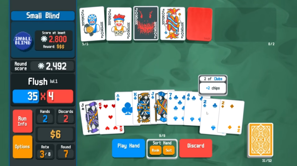 indie games vs AAA - Balatro in game screenshot