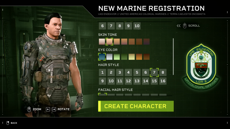 Aliens Fireteam Elite character customization screen