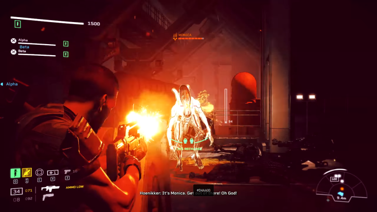 Aliens Fireteam Elite marine aiming directly at a Xenomorph